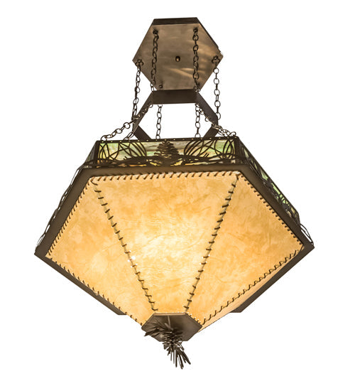 Meyda Lighting Mountain Pine 33" 4-Light Antique Copper Inverted Pendant Light With Green & Beige Shade
