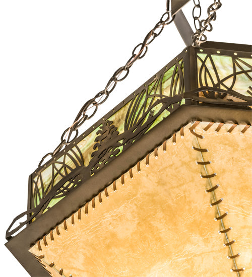 Meyda Lighting Mountain Pine 33" 4-Light Antique Copper Inverted Pendant Light With Green & Beige Shade