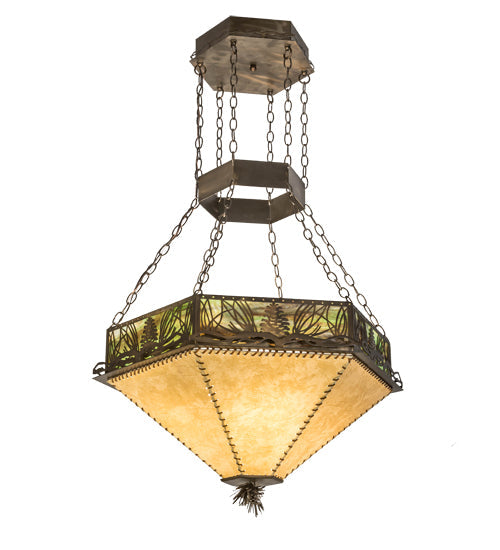 Meyda Lighting Mountain Pine 33" 4-Light Antique Copper Inverted Pendant Light With Green & Beige Shade