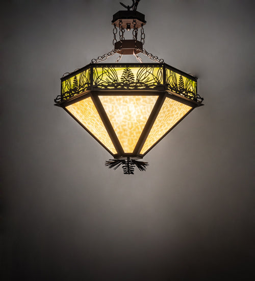 Meyda Lighting Mountain Pine 33" 4-Light Cafe Noir Inverted Pendant Light With Beige & Green Art Shade Glass