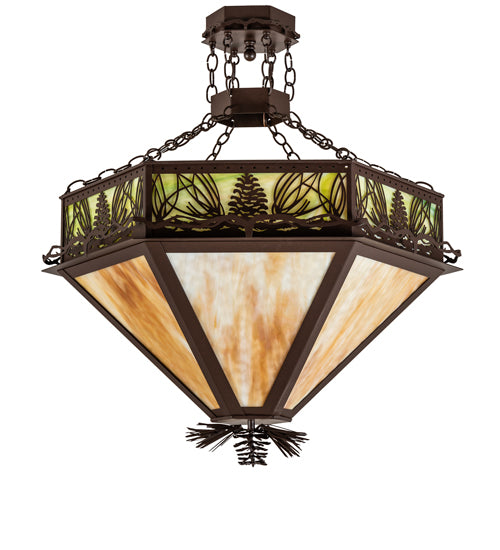 Meyda Lighting Mountain Pine 33" 4-Light Cafe Noir Inverted Pendant Light With Beige & Green Art Shade Glass