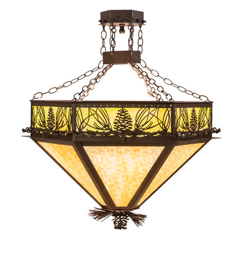 Meyda Lighting Mountain Pine 33" 4-Light Cafe Noir Inverted Pendant Light With Beige & Green Art Shade Glass