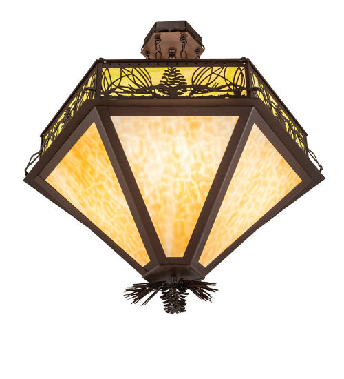 Meyda Lighting Mountain Pine 33" 4-Light Cafe Noir Inverted Pendant Light With Beige & Green Art Shade Glass