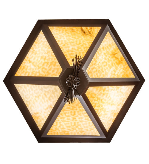 Meyda Lighting Mountain Pine 33" 4-Light Cafe Noir Inverted Pendant Light With Beige & Green Art Shade Glass