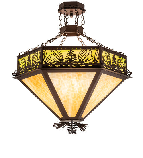 Meyda Lighting Mountain Pine 33" 4-Light Cafe Noir Inverted Pendant Light With Beige & Green Art Shade Glass