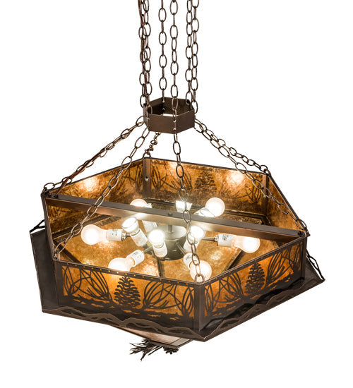 Meyda Lighting Mountain Pine 36" 12-Light Mahogany Bronze Inverted Pendant Light With Amber Mica Shade Glass
