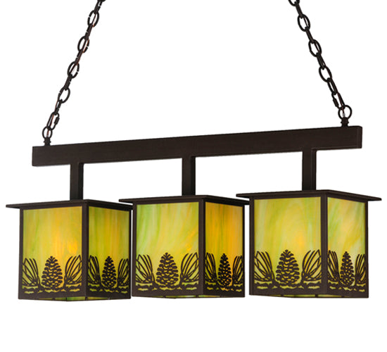 Meyda Lighting Mountain Pine 36" 3-Light Cafe Noir Island Pendant Light With Avacado Art Shade Glass