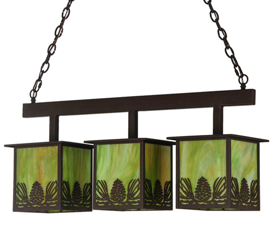 Meyda Lighting Mountain Pine 36" 3-Light Cafe Noir Island Pendant Light With Avacado Art Shade Glass