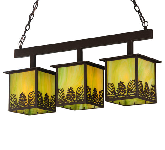 Meyda Lighting Mountain Pine 36" 3-Light Cafe Noir Island Pendant Light With Avacado Art Shade Glass