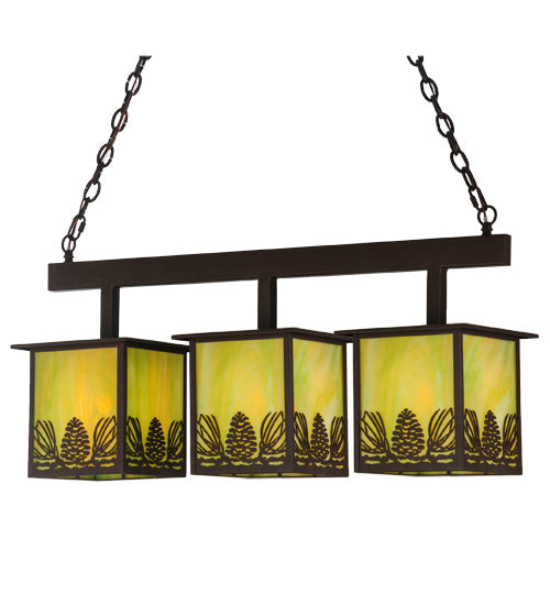 Meyda Lighting Mountain Pine 36" 3-Light Cafe Noir Island Pendant Light With Avacado Art Shade Glass