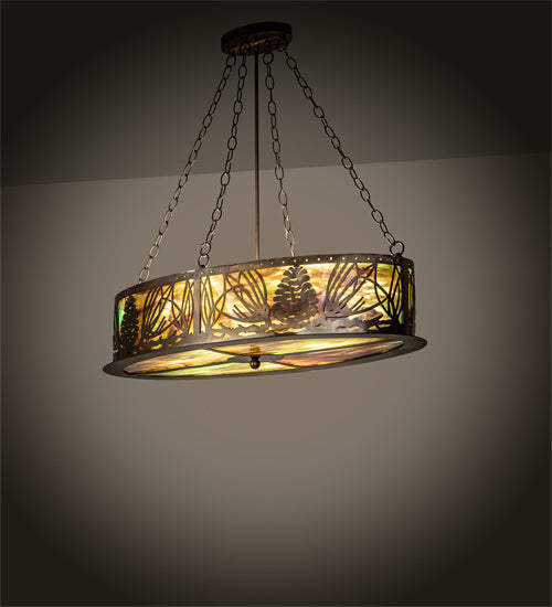 Meyda Lighting Mountain Pine 36" 4-Light Antique Copper Island Inverted Pendant Light With Green & Brown Art Shade Glass