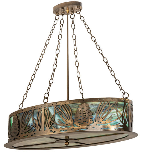 Meyda Lighting Mountain Pine 36" 4-Light Antique Copper Island Inverted Pendant Light With Green & Brown Art Shade Glass