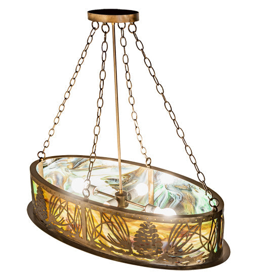 Meyda Lighting Mountain Pine 36" 4-Light Antique Copper Island Inverted Pendant Light With Green & Brown Art Shade Glass
