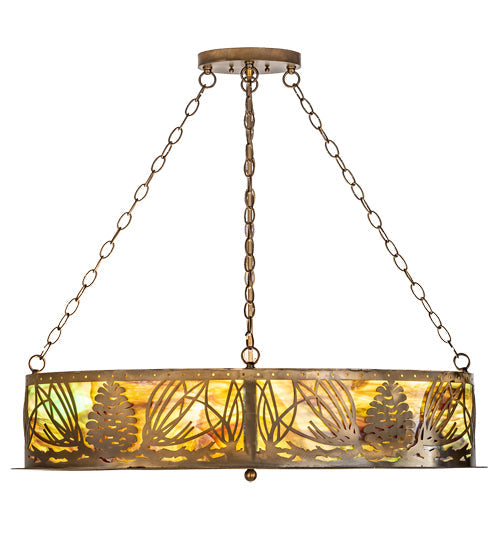 Meyda Lighting Mountain Pine 36" 4-Light Antique Copper Island Inverted Pendant Light With Green & Brown Art Shade Glass