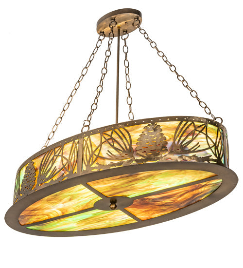 Meyda Lighting Mountain Pine 36" 4-Light Antique Copper Island Inverted Pendant Light With Green & Brown Art Shade Glass