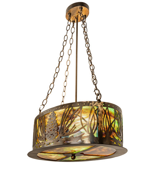 Meyda Lighting Mountain Pine 36" 4-Light Antique Copper Island Inverted Pendant Light With Green & Brown Art Shade Glass