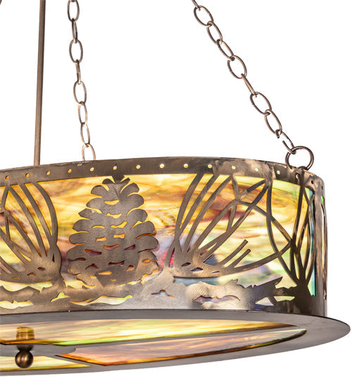 Meyda Lighting Mountain Pine 36" 4-Light Antique Copper Island Inverted Pendant Light With Green & Brown Art Shade Glass