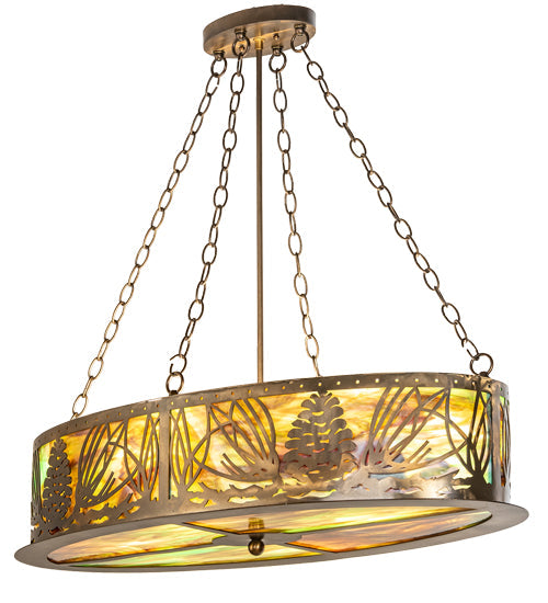 Meyda Lighting Mountain Pine 36" 4-Light Antique Copper Island Inverted Pendant Light With Green & Brown Art Shade Glass