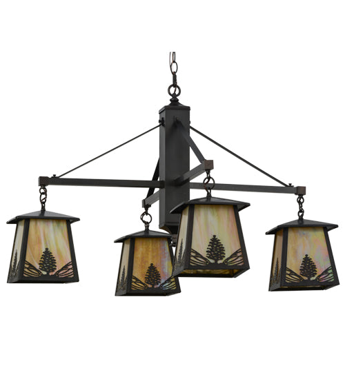 Meyda Lighting Mountain Pine 38" 4-Light Craftsman Brown Chandelier With Beige Iridescent Shade Glass