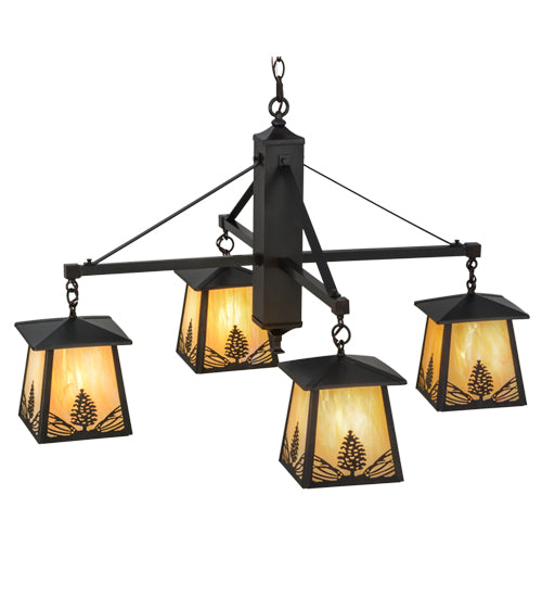 Meyda Lighting Mountain Pine 38" 4-Light Craftsman Brown Chandelier With Beige Iridescent Shade Glass