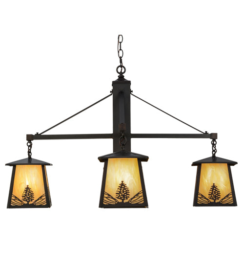 Meyda Lighting Mountain Pine 38" 4-Light Craftsman Brown Chandelier With Beige Iridescent Shade Glass