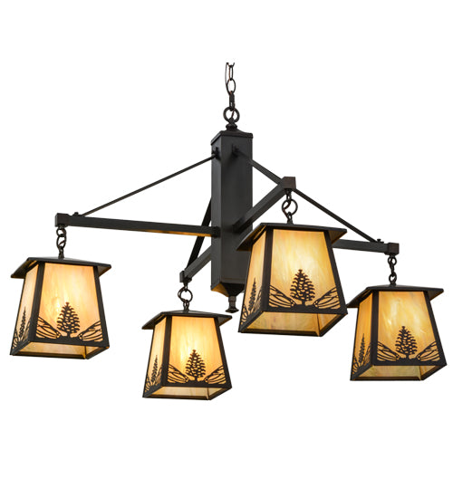 Meyda Lighting Mountain Pine 38" 4-Light Craftsman Brown Chandelier With Beige Iridescent Shade Glass