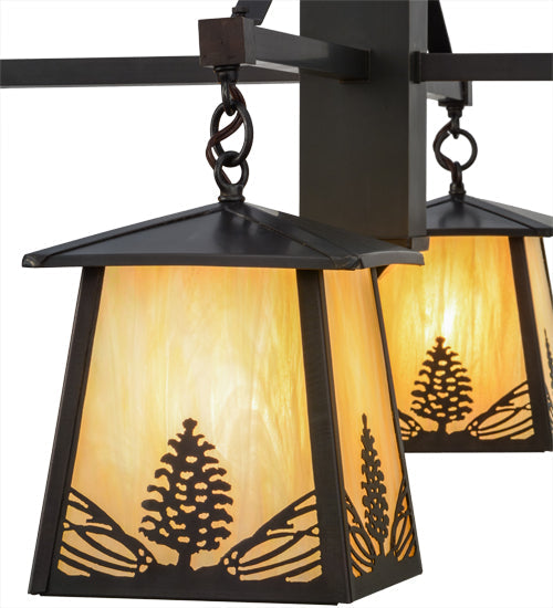 Meyda Lighting Mountain Pine 38" 4-Light Craftsman Brown Chandelier With Beige Iridescent Shade Glass