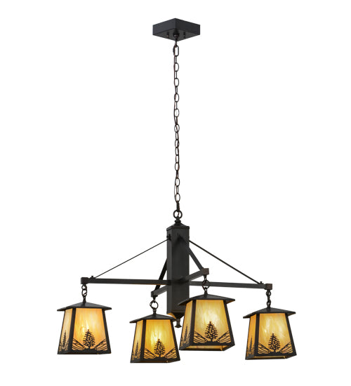 Meyda Lighting Mountain Pine 38" 4-Light Craftsman Brown Chandelier With Beige Iridescent Shade Glass