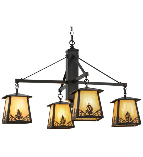 Meyda Lighting Mountain Pine 38" 4-Light Craftsman Brown Chandelier With Beige Iridescent Shade Glass