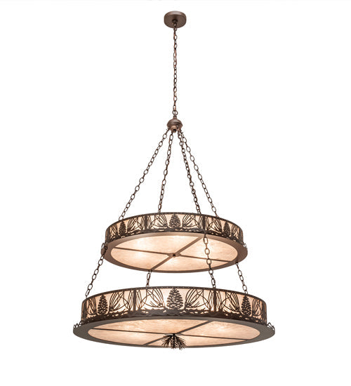 Meyda Lighting Mountain Pine 48" 14-Light 2-Tier Cafe Noir Inverted Pendant Light With Silver Mica Shade Glass