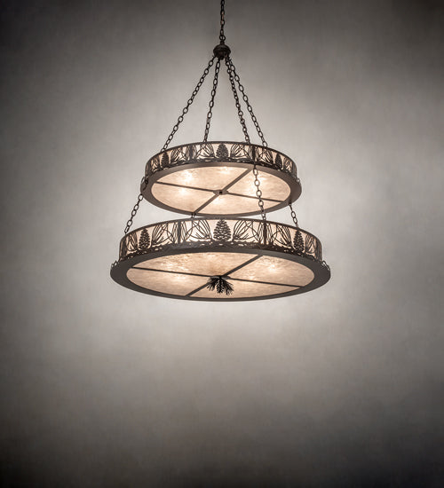 Meyda Lighting Mountain Pine 48" 14-Light 2-Tier Cafe Noir Inverted Pendant Light With Silver Mica Shade Glass
