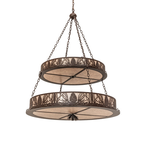 Meyda Lighting Mountain Pine 48" 14-Light 2-Tier Cafe Noir Inverted Pendant Light With Silver Mica Shade Glass
