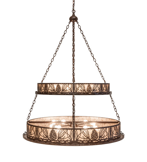 Meyda Lighting Mountain Pine 48" 14-Light 2-Tier Cafe Noir Inverted Pendant Light With Silver Mica Shade Glass