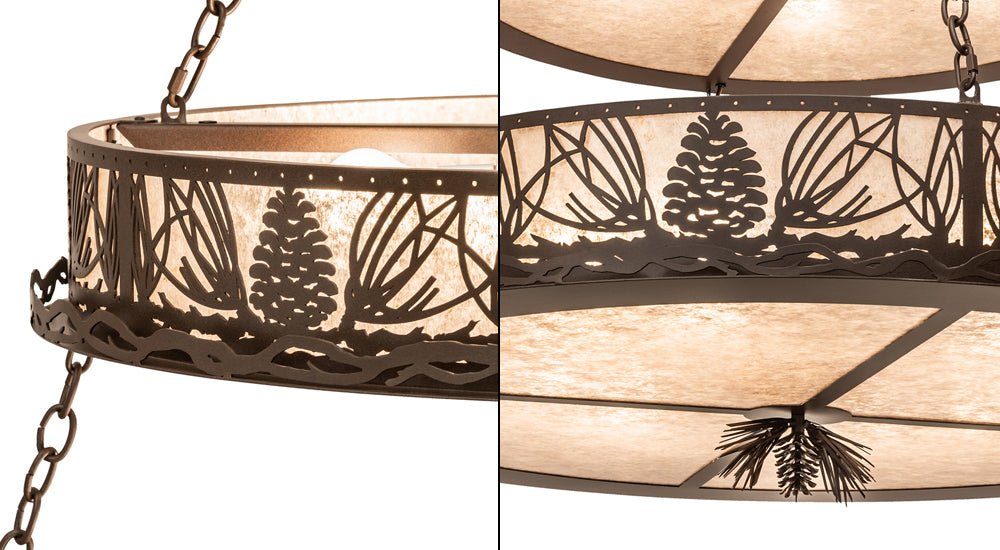 Meyda Lighting Mountain Pine 48" 14-Light 2-Tier Cafe Noir Inverted Pendant Light With Silver Mica Shade Glass