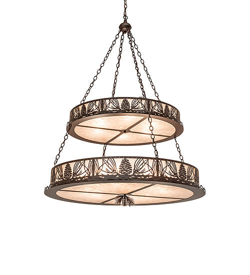 Meyda Lighting Mountain Pine 48" 14-Light 2-Tier Cafe Noir Inverted Pendant Light With Silver Mica Shade Glass