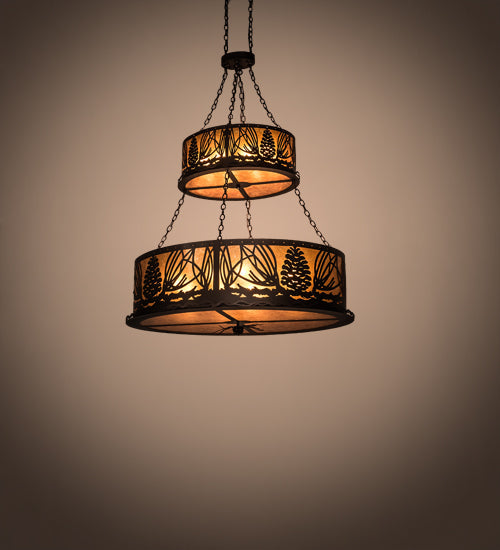 Meyda Lighting Mountain Pine 48" 18-Light 2-Tier Mahogany Bronze Inverted Pendant Light With Amber Mica Shade Glass