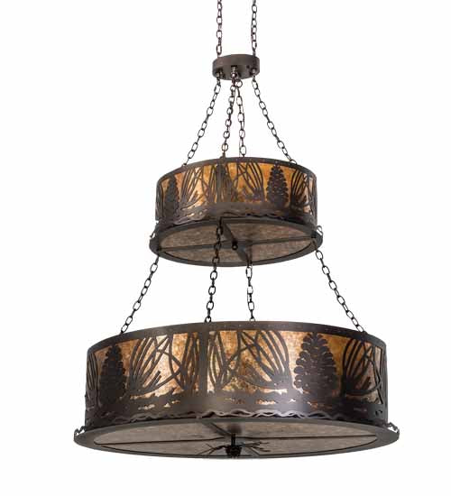 Meyda Lighting Mountain Pine 48" 18-Light 2-Tier Mahogany Bronze Inverted Pendant Light With Amber Mica Shade Glass