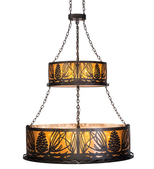 Meyda Lighting Mountain Pine 48" 18-Light 2-Tier Mahogany Bronze Inverted Pendant Light With Amber Mica Shade Glass