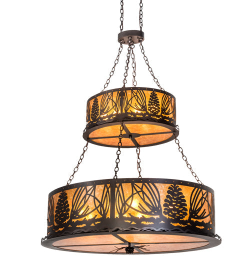 Meyda Lighting Mountain Pine 48" 18-Light 2-Tier Mahogany Bronze Inverted Pendant Light With Amber Mica Shade Glass