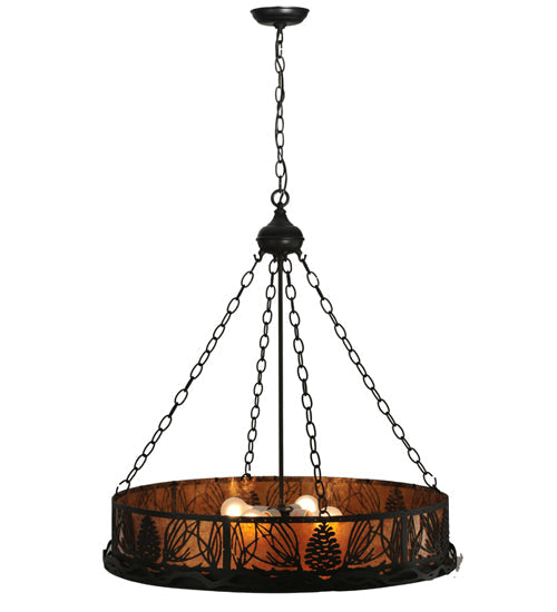 Meyda Lighting Mountain Pine 48" 8-Light Black Inverted Pendant Light With Amber Mica Shade Glass