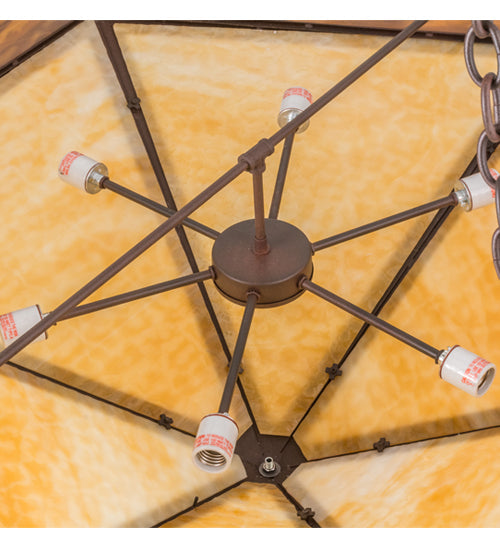 Meyda Lighting Mountain Pine 51" 6-Light Wrought Iron On Rust Inverted Pendant Light With Beige & Honey Art Shade Glass
