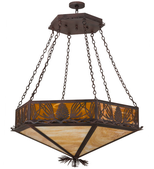 Meyda Lighting Mountain Pine 51" 6-Light Wrought Iron On Rust Inverted Pendant Light With Beige & Honey Art Shade Glass