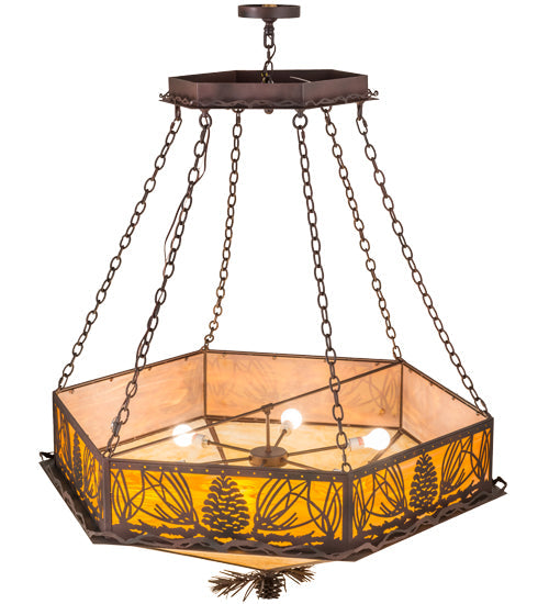Meyda Lighting Mountain Pine 51" 6-Light Wrought Iron On Rust Inverted Pendant Light With Beige & Honey Art Shade Glass
