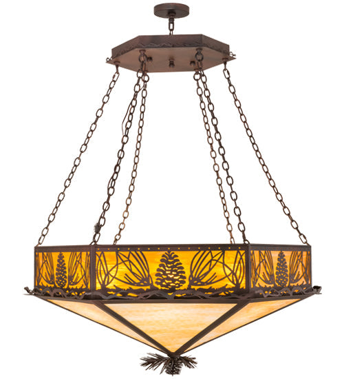 Meyda Lighting Mountain Pine 51" 6-Light Wrought Iron On Rust Inverted Pendant Light With Beige & Honey Art Shade Glass