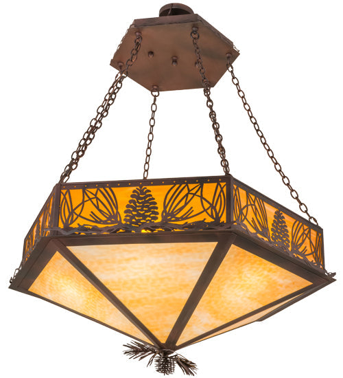 Meyda Lighting Mountain Pine 51" 6-Light Wrought Iron On Rust Inverted Pendant Light With Beige & Honey Art Shade Glass
