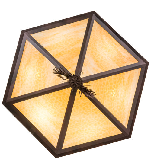 Meyda Lighting Mountain Pine 51" 6-Light Wrought Iron On Rust Inverted Pendant Light With Beige & Honey Art Shade Glass