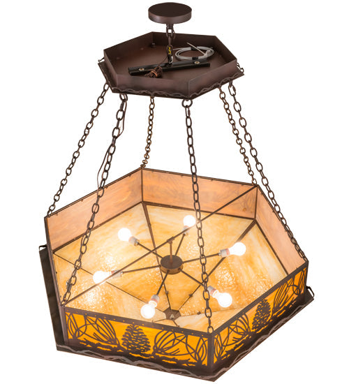 Meyda Lighting Mountain Pine 51" 6-Light Wrought Iron On Rust Inverted Pendant Light With Beige & Honey Art Shade Glass