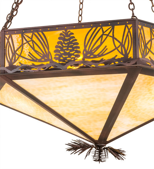 Meyda Lighting Mountain Pine 51" 6-Light Wrought Iron On Rust Inverted Pendant Light With Beige & Honey Art Shade Glass