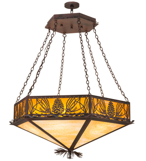 Meyda Lighting Mountain Pine 51" 6-Light Wrought Iron On Rust Inverted Pendant Light With Beige & Honey Art Shade Glass