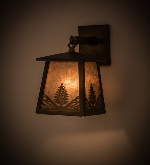 Meyda Lighting Mountain Pine 7" Antique Copper Hanging Wall Sconce With Silver Mica Shade Glass